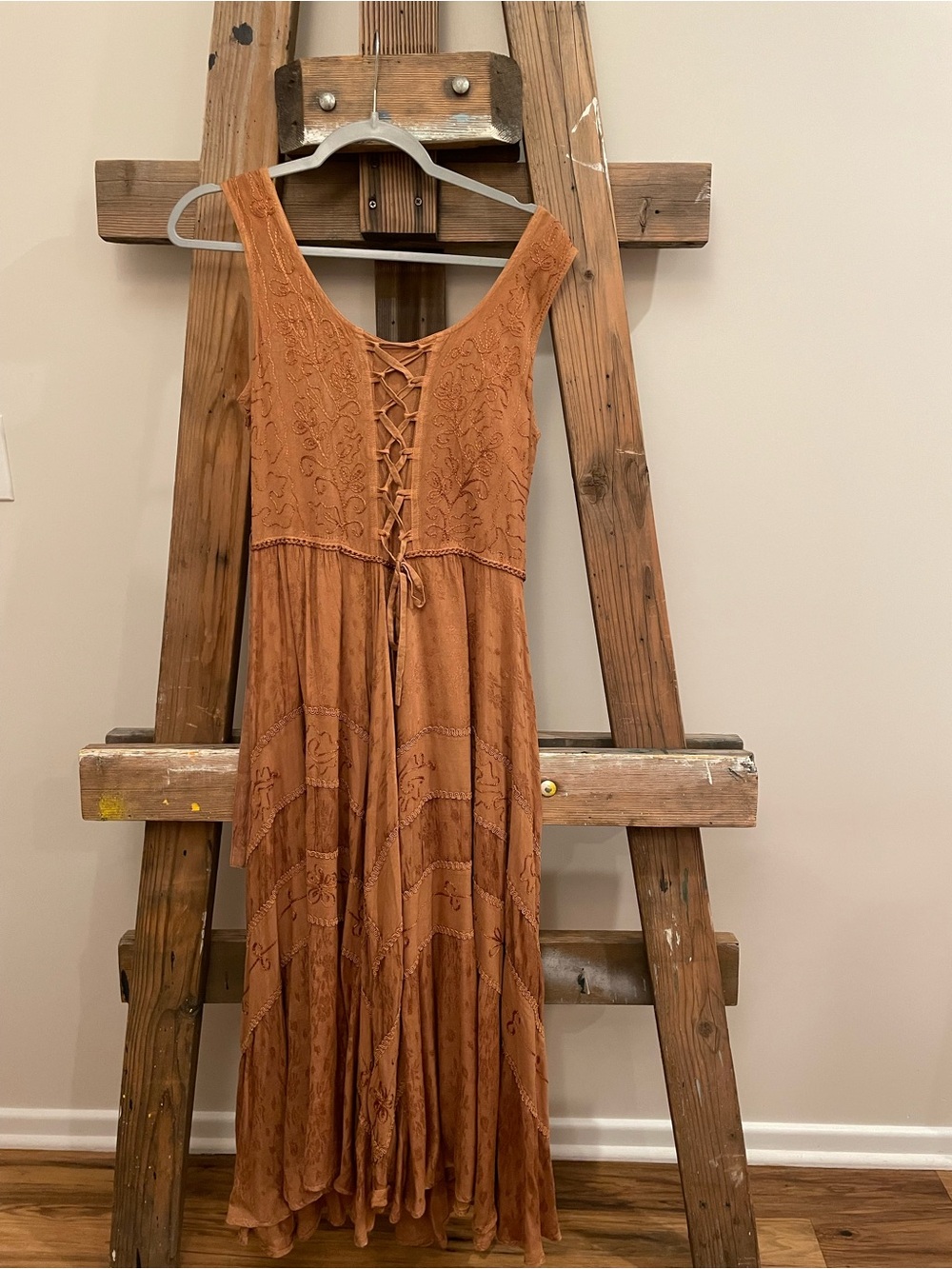 Scully Burnt Orange Embroidered Lace-Up Maxi Dress